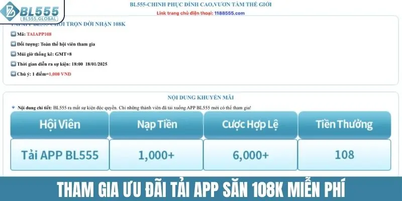 Tham gia khuyến mãi BL555 tải app săn 108K miễn phí